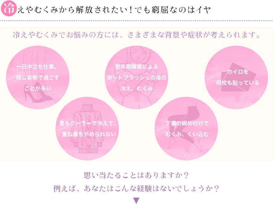 冷えやむくみから解放されたい！でも窮屈なのはイヤ　冷えやむくみでお悩みの方には、さまざまな背景や症状が考えられます。