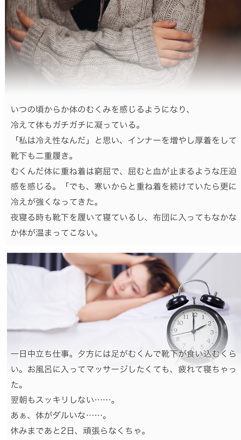 いつの頃からか体のむくみを感じるようになり、冷えて体もガチガチに凝っている。